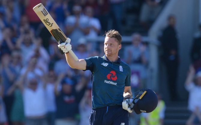 England's Jos Buttler celebrates after hitting the winning runs in the fifth Royal London One-Day International against Australia at Emirates Old Trafford cricket ground in Manchester on Sunday