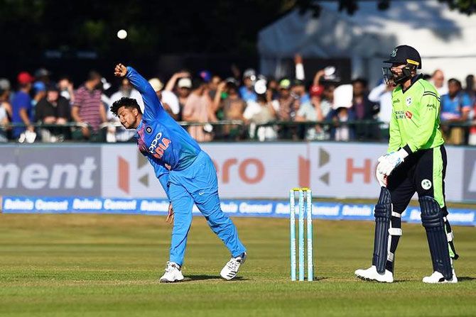 Kuldeep Yadav in action during the first T20I against Ireland on Wednesday