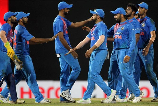 Vijay Shankar celebrates with teammates on claiming a wicket