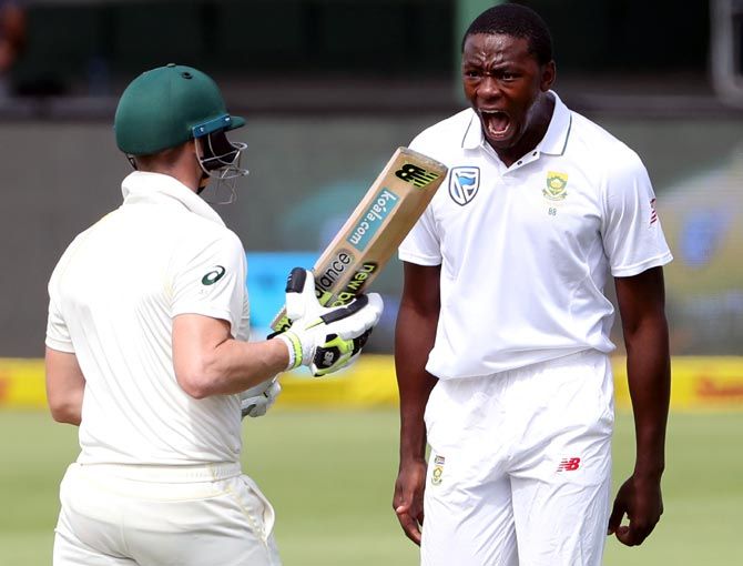 Kagiso Rabada celebrates the wicket of Australia captain Steve Smith