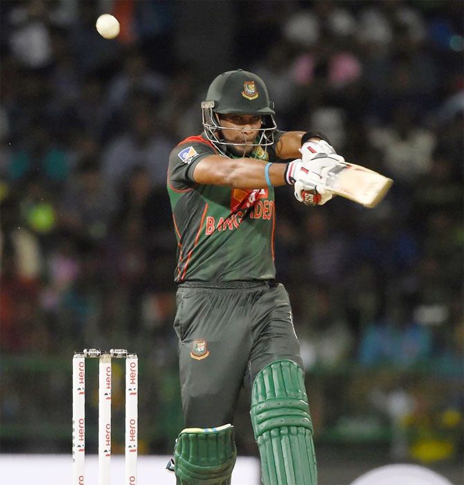 Bangladesh's Sabbir Rahman plays a shot during his innings of 77 runs