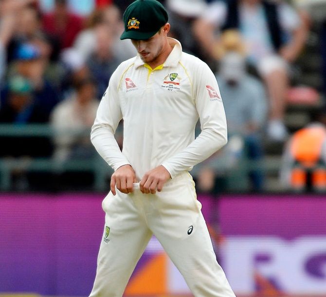 CAUGHT! Cameron Bancroft, after being alerted, shoved the tape down the front of his trousers to keep it out of the gaze of the umpires