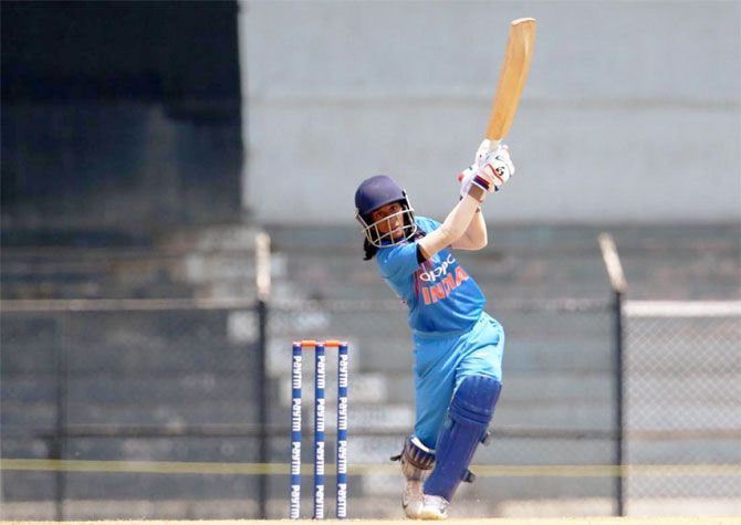 India's Jemimah Rodrigues bats en route her first T20 half-century during the match against Australia at the T20 tri-series at Brabourne Stadium in Mumbai on Monday