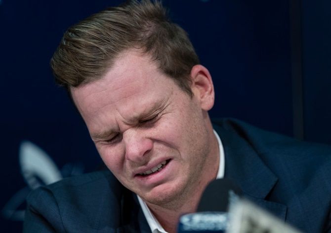 Former Australian Test Cricket captain, Steve Smith breaks down during a press conference at Sydney International Airport on March 29 following the ball-tampering saga