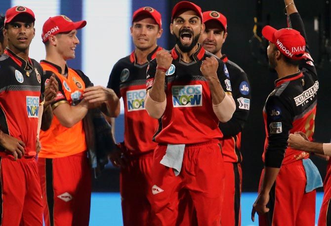 Royal Challengers Bangalore Captain Virat Kohli and his team-mates celebrate Rohit Sharma's wicket. RCB had a morale-boosting win against the Mumbai Indians, May 2, 2018, Photograph: BCCI