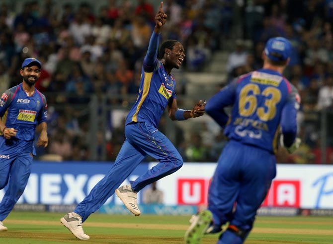 A delighted Jofra Archer after dismissing Mumbai Indians captain Rohit Sharma