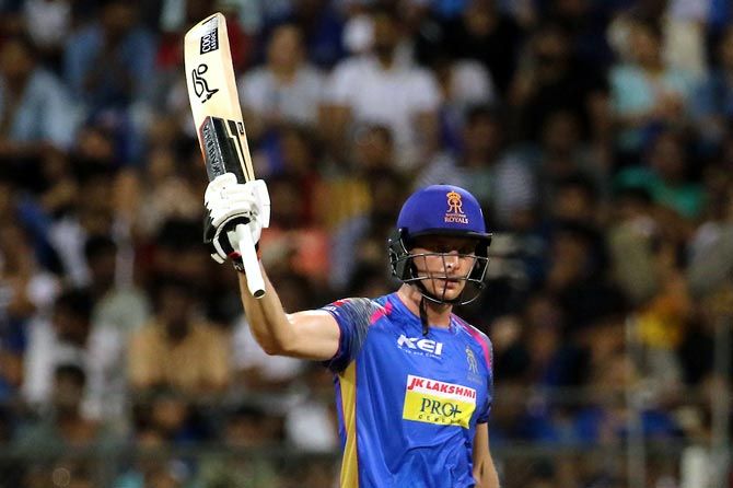 Rajasthan Royals opener Joss Buttler celebrates completing a record fifth successive IPL half-century