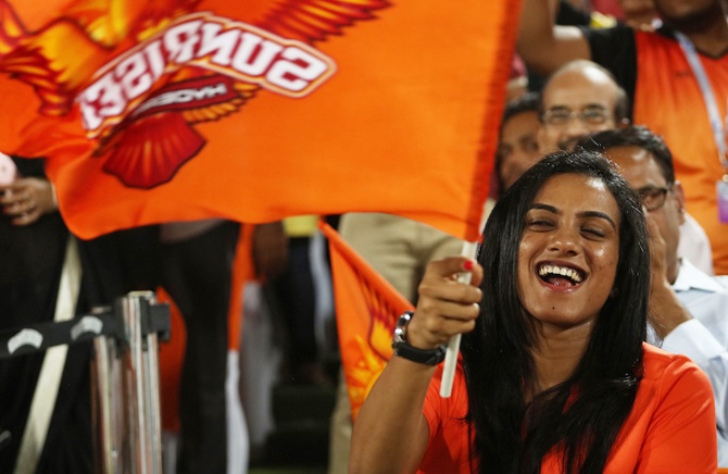 Rio Olympic silver-medallist PV Sindhu shows her support during the match between Sunrisers Hyderabad and Kolkata Knight Riders 