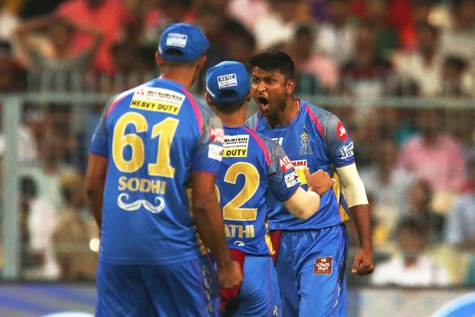 Gowtham Krishnappa celebrates after taking the wicket of Sunil Narine