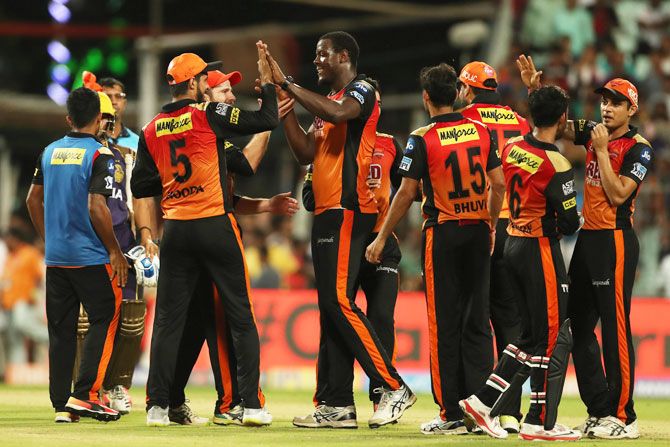 Sunrisers Hyderabad celebrate after defeating Kolkata Knight Riders to reach the IPL final on Friday
