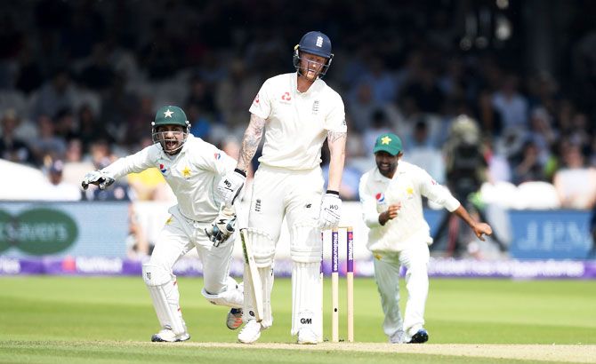 England's Ben Stokes reacts after being dismissed by Pakistan's Shadab Khan during Day 3 of the 1st NatWest Test