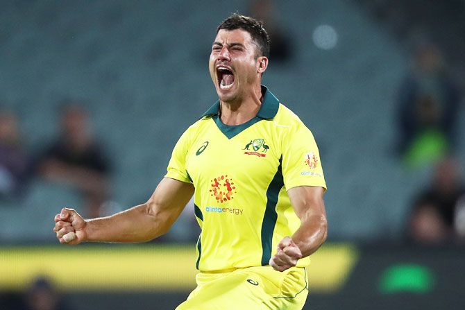 Australia's Marcus Stoinis celebrates after taking the wicket of South Africa's Dale Steyn during the 2nd ODI of the Gillette One Day International series at Adelaide Oval in Adelaide on Friday