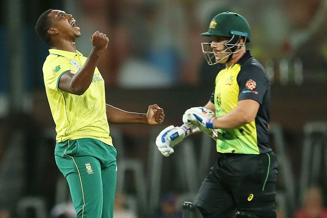 South Africa's Lungi Ngidi celebrates after taking the wicket of Australia's Aaron Finch during the International Twenty20 match at Metricon Stadium in Gold Coast, Australia, on Saturday