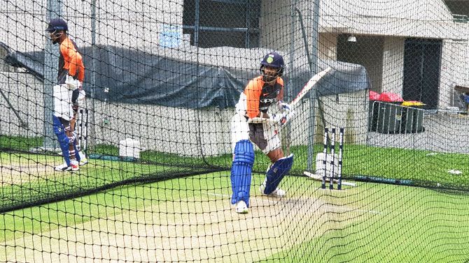 Shikhar Dhawan does the drill in the nets