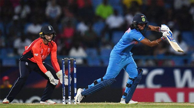 India's T20 captain Harmanpreet Kaur in action during the Women's WT20 semi-final on Friday
