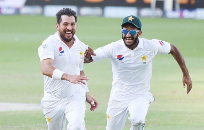 Yasir Shah celebrates after taking a wicket against New Zealand on Tuesday