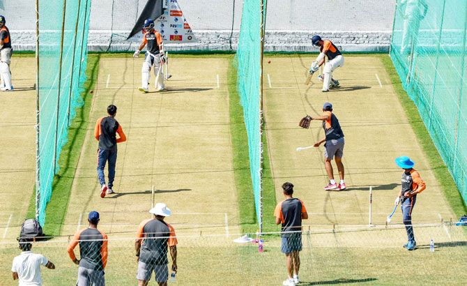 The Indian cricket team practice at a nets session in Rajkot on Tuesday