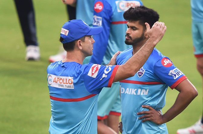 Delhi Capitals' head coach Ricky Ponting chats with captain Shreyas Iyer during a training session