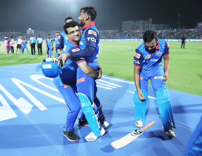 Delhi Capitals' Adviser, Sourav Ganguly celebrates with Rishabh Pant after their win over Rajasthan Royals on Monday