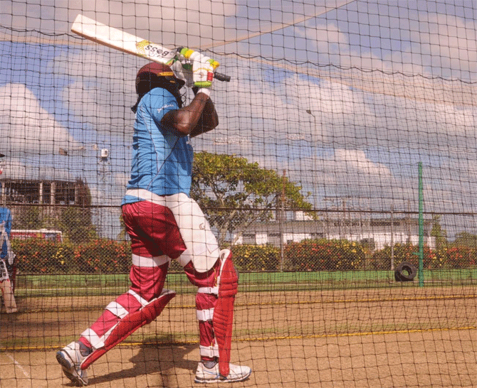 Chris  Gayle bats during a nets session on Wednesday