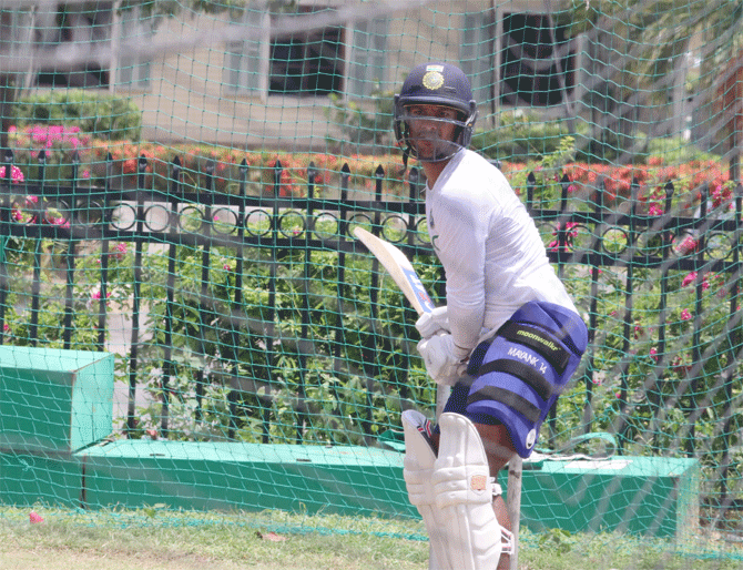 Mayank Agarwal bats in the nets in Antigua. He is likely to open the innings with KL Rahul in the first Test