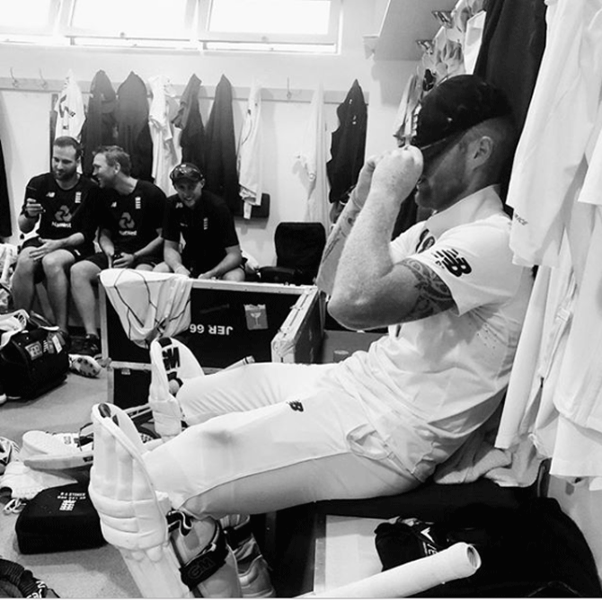 Ben Stokes in the dressing room after his miraculous effort with the bat in England's thrilling one-wicket win in the 3rd Ashes Test at Headingley on Sunday