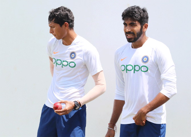 India's Navdeep Saini and Jasprit Bumrah during a nets session on Wednesday