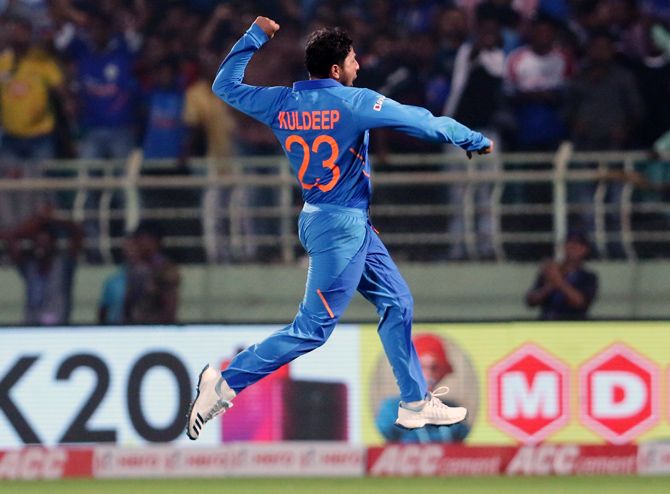 India's Kuldeep Yadav celebrates on completing a hat-trick against West Indies on Wednesday