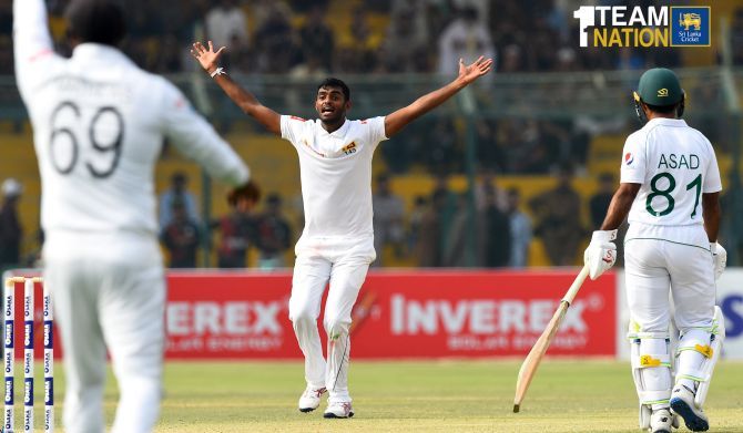 Sri Lanka's Lasith Embuldeniya, who picked four wickets, makes an appeal on Day 1 of the 2nd Test against Pakistan in Karachi on Thursday