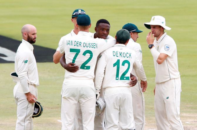 South Africa's Kagiso Rabada and teammates celebrate after winning the first Test against England on Day 4 at Supersport Park in Centurion, Pretoria on Sunday