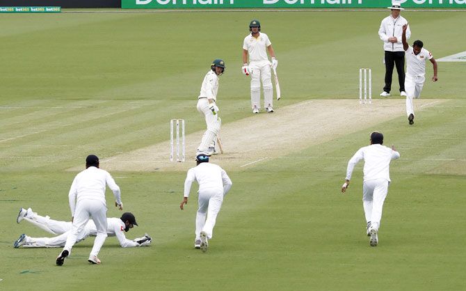 Sri Lanka's Chamika Karunaratne celebrates after taking the wicket of Australia's Marnus Labuschagne