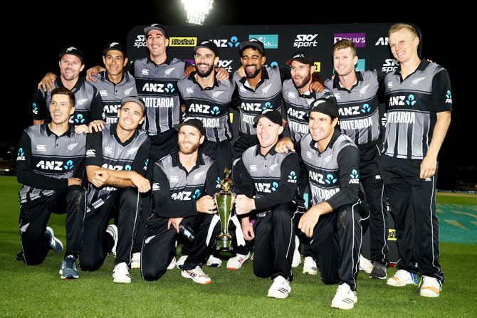 The Black Caps celebrate after winning the 3rd T20I and the T20I series against India at Seddon Park in Hamilton on Sunday
