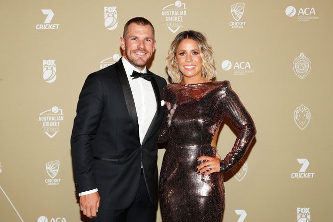 Australia ODI and T20 captain Aaron Finch arrives with wife Amy for the Australian Cricket Awards