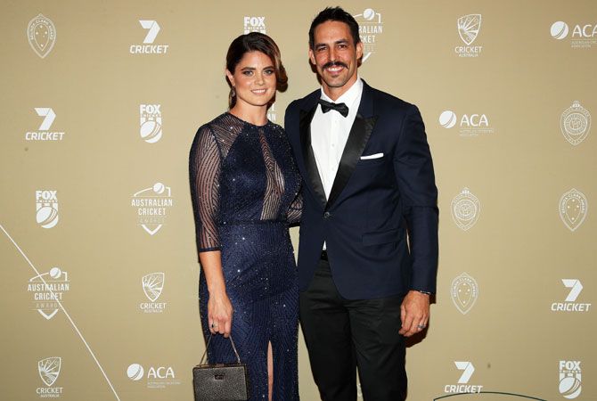 Mitchell Johnson and Jessica Bratich Johnson attend the 2019 Australian Cricket Awards