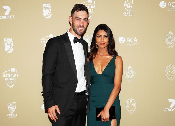 Glenn Maxwell and his girlfriend Vini Raman attend the 2019 Australian Cricket Awards. Maxwell received the Male Twenty20 International Player of the Year award 