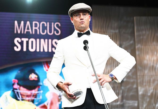 Marcus Stoinis goes retro as he speaks on stage after being awarded the Male One-Day International Player of the Year