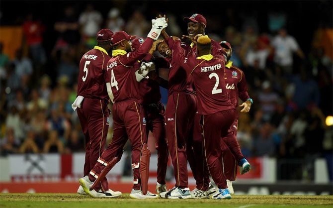 West Indies players celebrate victory in the 2nd ODI in Barbados on Friday