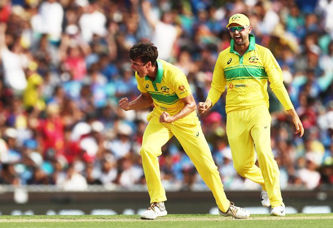 Australia's Jhye Richardson celebrates taking the wicket of India's Virat Kohli. Richardson ended with four wickets and the Player of the match award