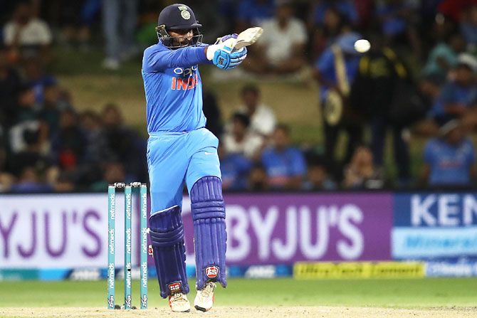 Dinesh Karthik bats en route his 38 not out to take India across the finish line