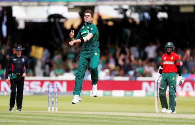 Shaheen Afridi, who finished with figures of 6 for 35, celebrates taking the wicket of Tamim Iqbal.