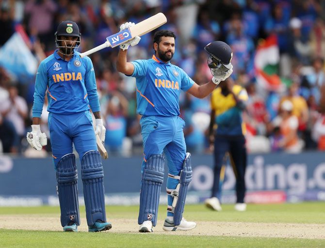 India's Rohit Sharma celebrates after scoring his century against Sri Lanka 
