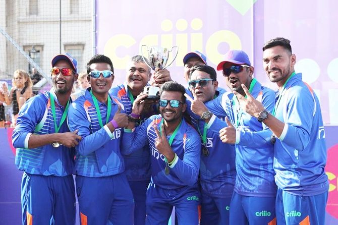 The Indian team celebrates winning the Criiio Cup at Trafalgar Square on July 12, 2019, in London, England.