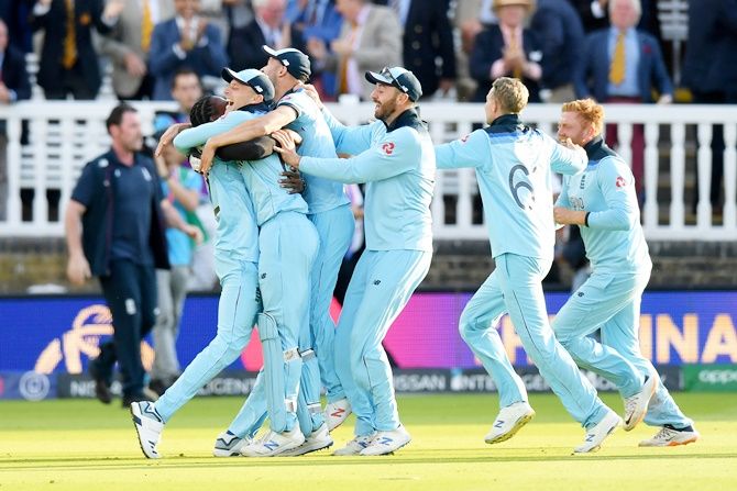 England's players celebrate after clinching victory in the Super Over of the World Cup final at Lord's on Sunday.