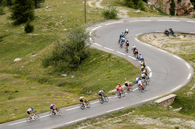 The yellow jersey group, with Deceuninck-Quick Step rider Julian Alaphilippe of France wearing the overall leader's yellow jersey, in action during the 208-km Stage 18 from Embrun to Valloire on July 25