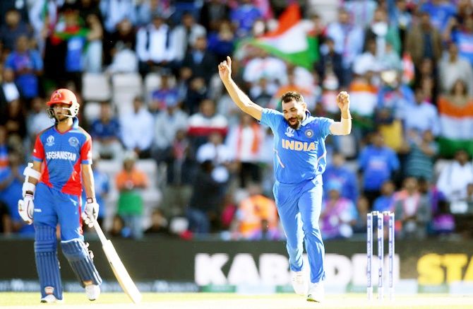 Mohammed Shami celebrates his hat-trick against Afghanistan in the World Cup