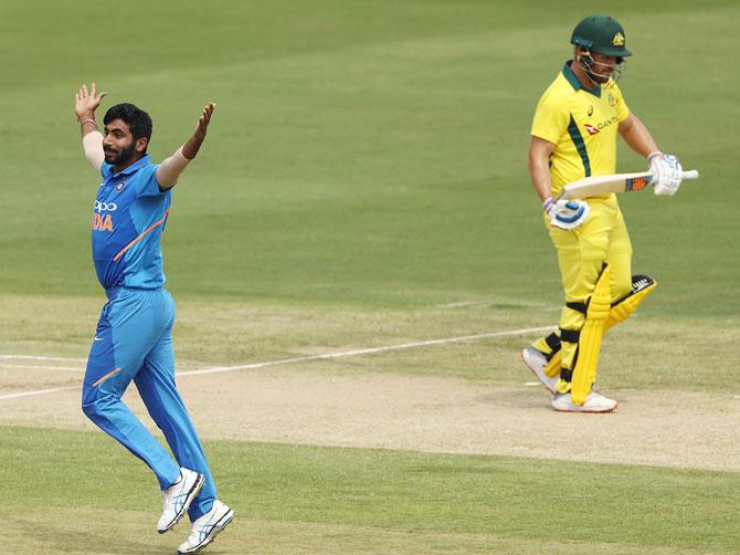  India's Jasprit Bumrah celebrates after dismissing Australia's Aaron Finch