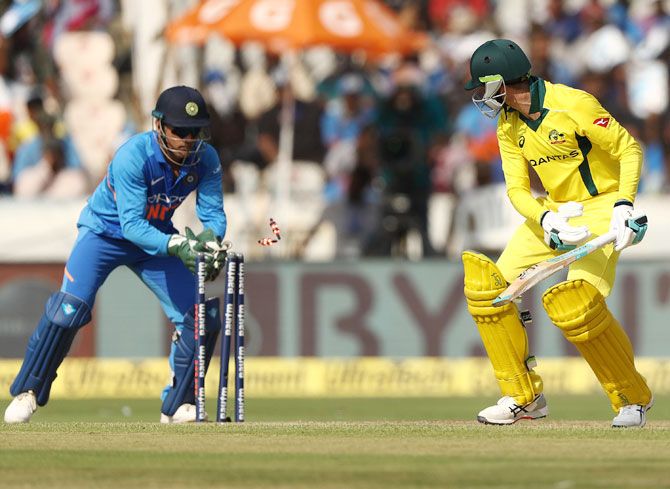 Australia's Peter Handscomb is stumped by India's Mahendra Singh Dhoni