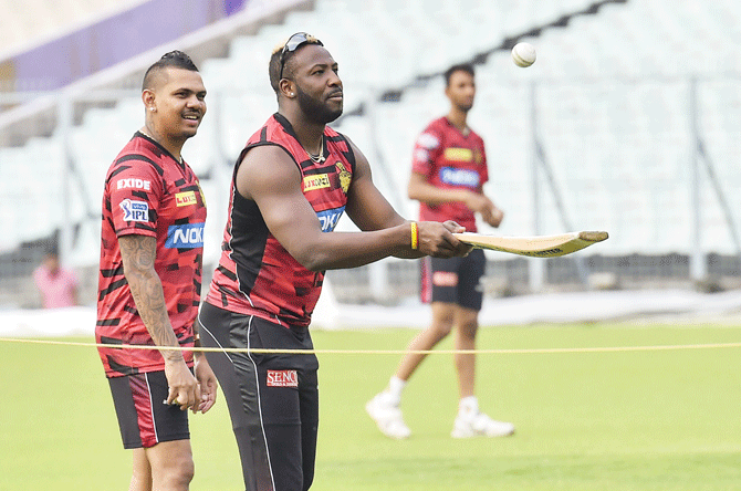 KKR's Andre Russell and Sunil Narine at a training session on Thursday
