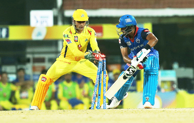 CSK's Mahendra Singh Dhoni show quick hands to dismiss Delhi Capitals' captain Shreyas Iyer during their IPL match on Wednesday