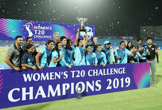 Team Supernova celebrates with the Women's T20 Challenge trophy 
